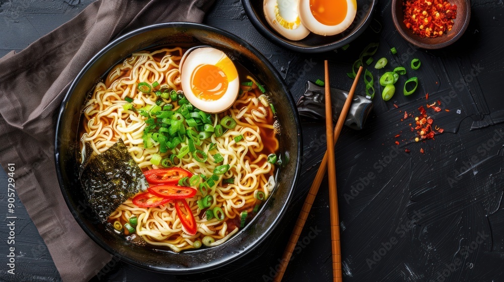 Ramen Noodles With Soft Boiled Egg, Green Onion, and Chili Peppers Ramen Noodles With Soft Boiled Egg, Green Onion, and Chili Peppers