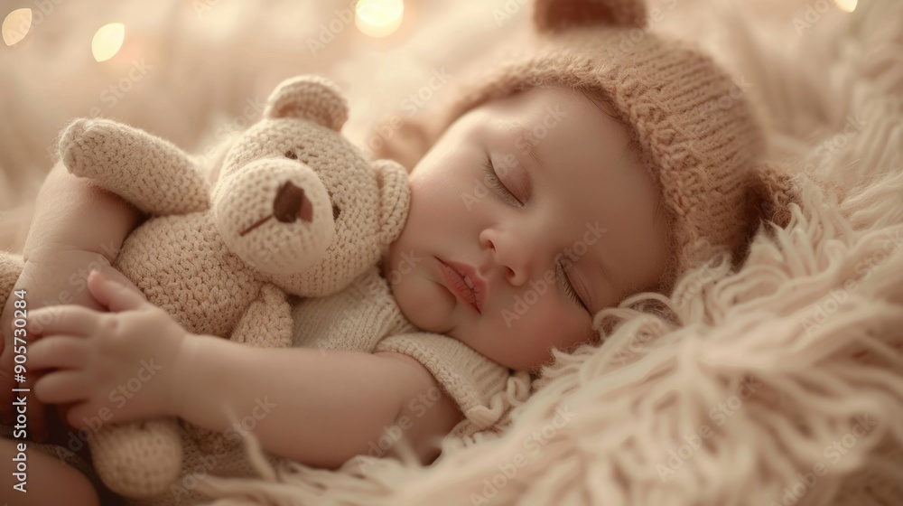Sleeping Baby with Teddy Bear in Cozy Setting
Sleeping Baby with Teddy Bear in Cozy Setting