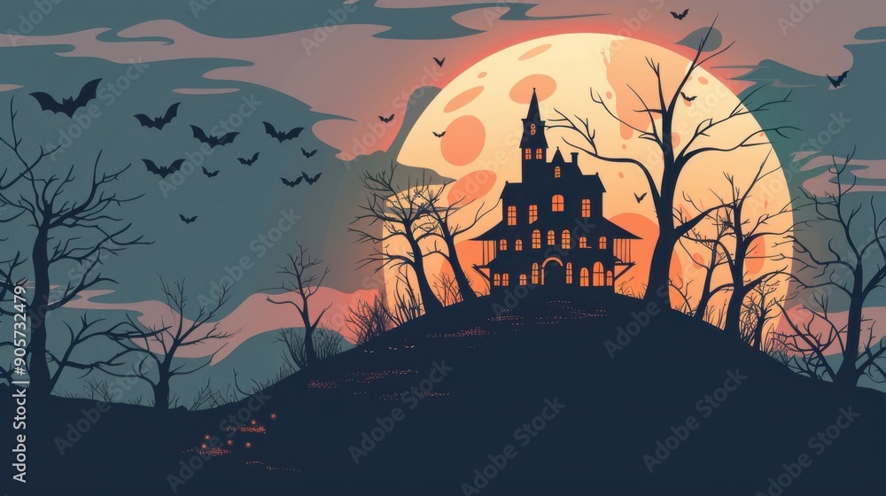 An old, spooky house on top of a hill with a full moon An old, spooky house on top of a hill with a full moon
