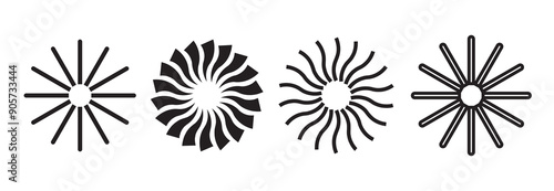 Black radial circle set. Sonar or sound wave ring collection. Halftone and linear epicentre, target, radar icon concept. Ripple concentric signal or vibration elements. Vector line and dotted symbols 