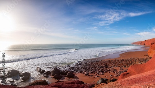 vertical view of the rocky beach at legzira on the atlantic coast of morocco photo