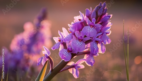 A stunning orchis langei blooms with vibrant purple petals against a soft, natural background in the wild. photo