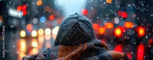 Street beggar wrapped in blankets on a busy street, highlighting poverty, Realism, Dark tones, Photography