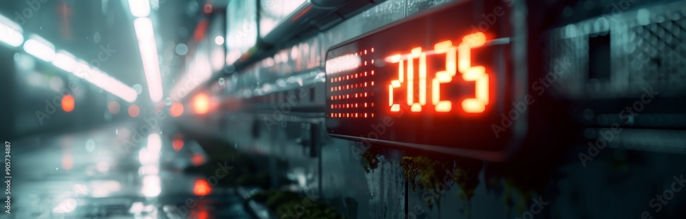 Digital Countdown Timer Displaying 2025 in a Dark, Wet Urban Environment at Night Digital Countdown Timer Displaying 2025 in a Dark, Wet Urban Environment at Night