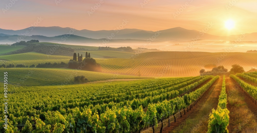 Sunrise Over Rolling Vineyards in the Countryside Sunrise Over Rolling Vineyards in the Countryside