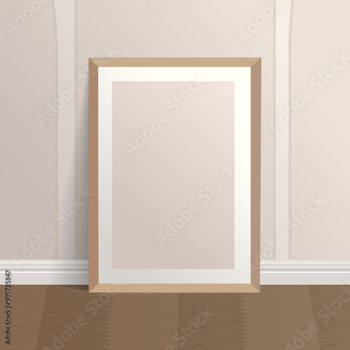 A wooden frame on a parquet floor. Vector mockup with space for your design. EPS 10.