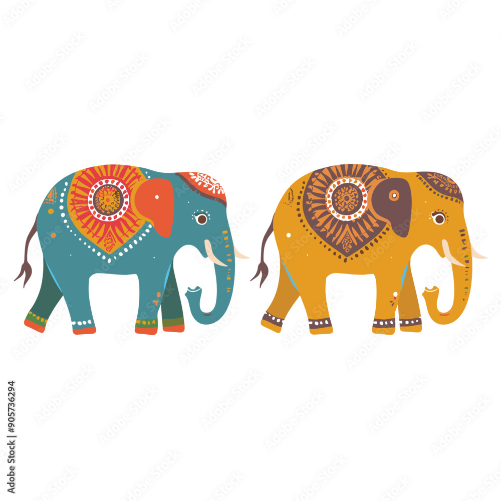 Two colorful, decorated elephants patterned intricate mandalas isolated white background. Orange blue elephants adorned patterns, traditional Indian folk art, digital vector illustration. Elephant