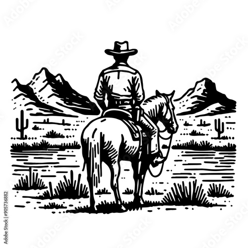 Cowboy on the Road in a Desert Landscape Scene