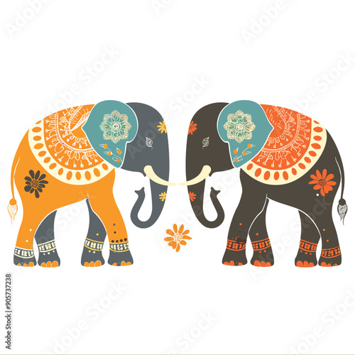 Two decorative elephants facing intricately patterned blankets colorful designs orange, blue, brown hues. Both elephants tusks intertwined, their bodies adorned floral motifs, creating symmetrical