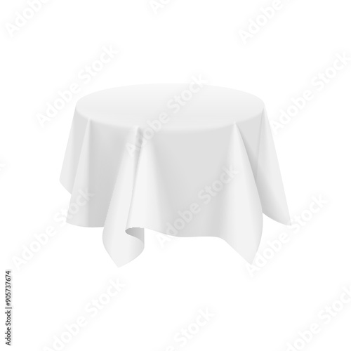 3D white tablecloth with folds and drapery covered round table vector illustration