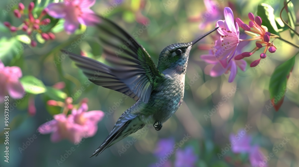 Fototapeta premium Hummingbird Feeding on a Pink Flower