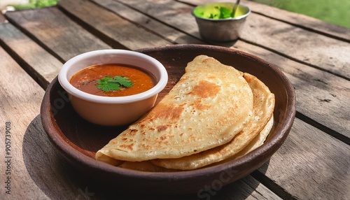 moli poratha served with a side of tangy dipping sauce in a ceramic bowl presented on a rustic outdoor table photo