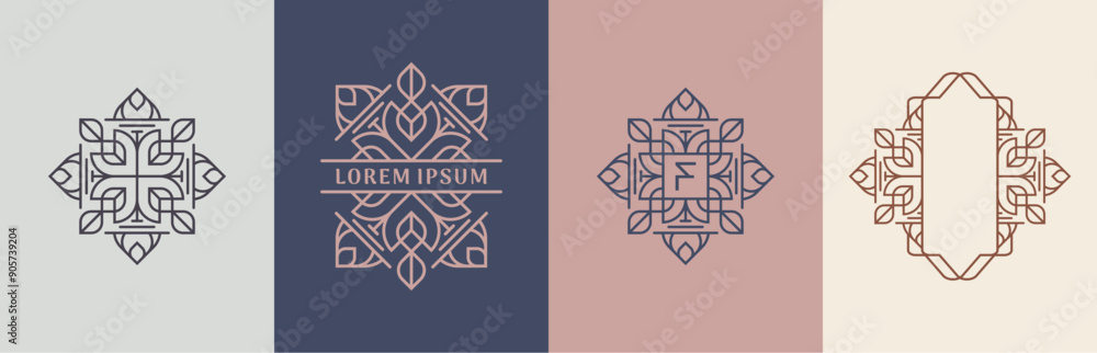 Luxury flowers and leaves logo design. Frames with copy space for text or letter. Abstract vector based creative line style template. Luxury flowers and leaves logo design. Frames with copy space for text or letter. Abstract vector based creative line style template.