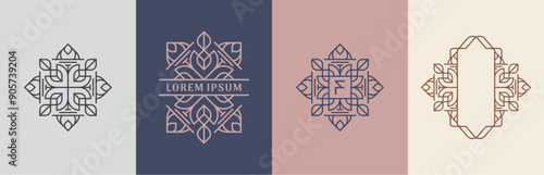 Luxury flowers and leaves logo design. Frames with copy space for text or letter. Abstract vector based creative line style template.