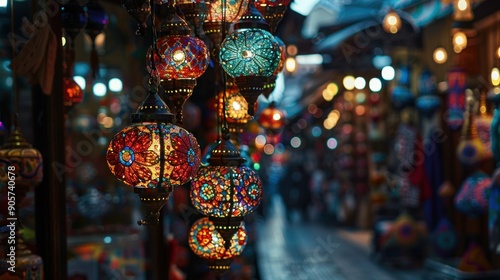 Colorful Moroccan Lanterns in a bustling marketplace