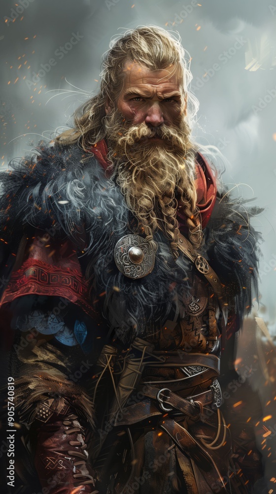 Fierce Nordic Viking warrior in detailed armor with a fiery background.
Fierce Nordic Viking warrior in detailed armor with a fiery background.