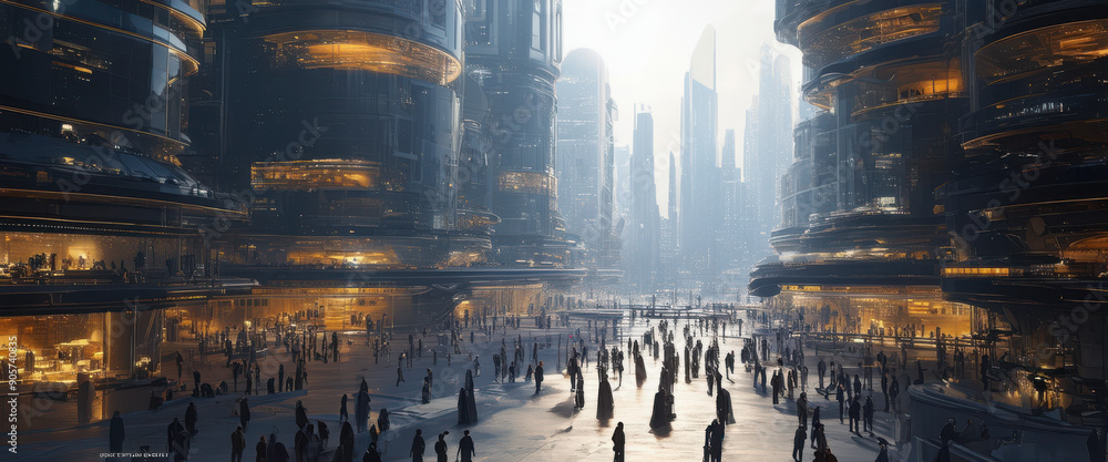Fototapeta premium Futuristic | Cityscape | Seasonal | Sunrise | Ultrawide Aspect Ratio | Cinematic