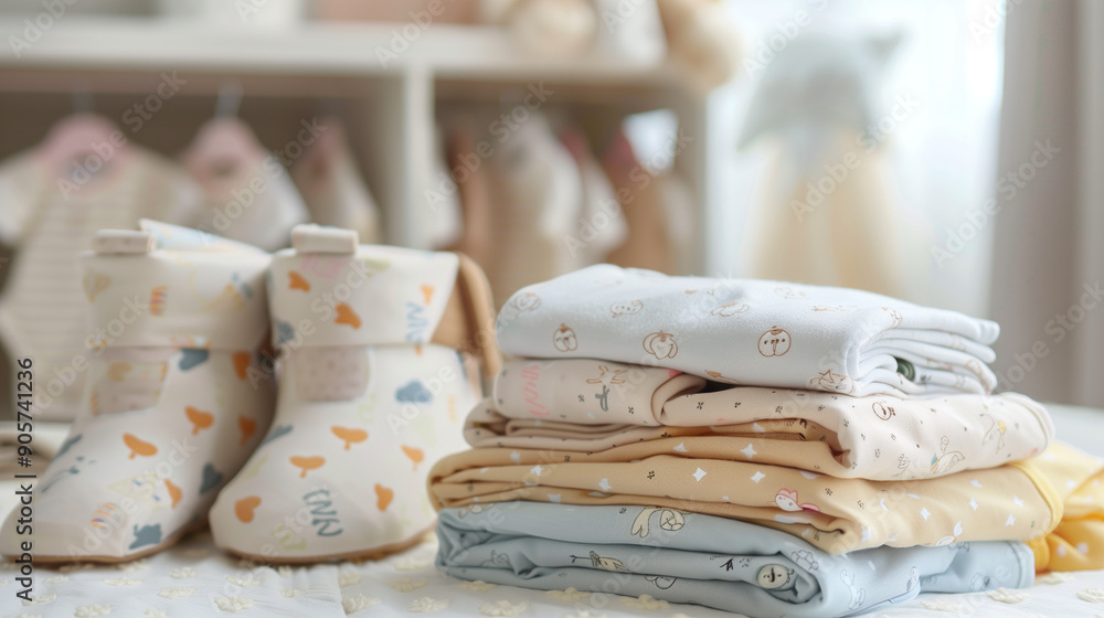 Stack of baby clothes, including onesies and adorable boots, in soft ...