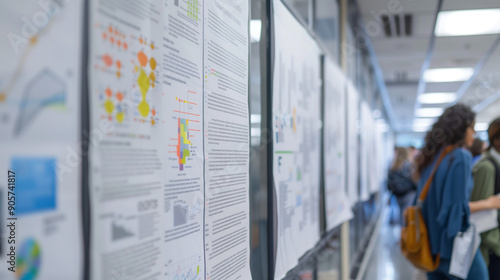 Close-up of scientific posters featuring colorful charts and detailed text, displayed in an academic setting. Ideal for showcasing educational and research presentations.