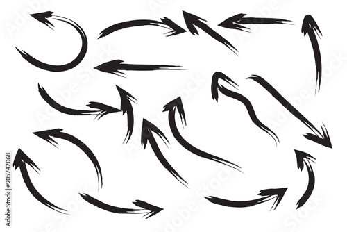 Grunge arrow brush drawn. Arrows with grunge lines. 