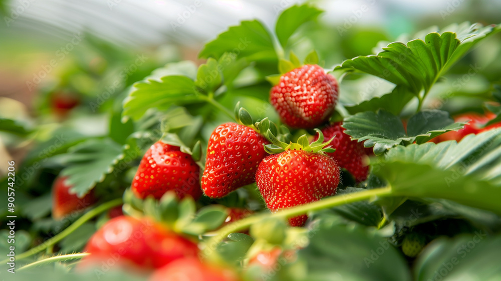 Close-up of ripe and ripening strawberries on lush green plants, ready for harvest. Perfect for agriculture, organic farming, and healthy eating concepts. Close-up of ripe and ripening strawberries on lush green plants, ready for harvest. Perfect for agriculture, organic farming, and healthy eating concepts.