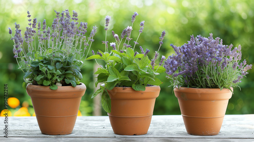 Terracotta pots with fresh tea herbs like chamomile, mint, and lavender on a wooden table. Ideal for herbal gardening, home remedies, and organic living.