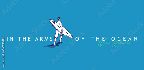 Stylized illustration of a surfer running to the wave. Art in composition with text.