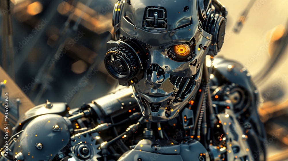 Fototapeta premium Cyborg. Cyborg head. Cybernetic organism. Mechanical robot. Future technologies. Artificial intelligence. Artificial intelligence with neural networks.