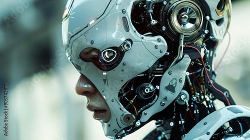 Cyborg. Cyborg head. Cybernetic organism. Mechanical robot. Future technologies. Artificial intelligence. Artificial intelligence with neural networks. photo