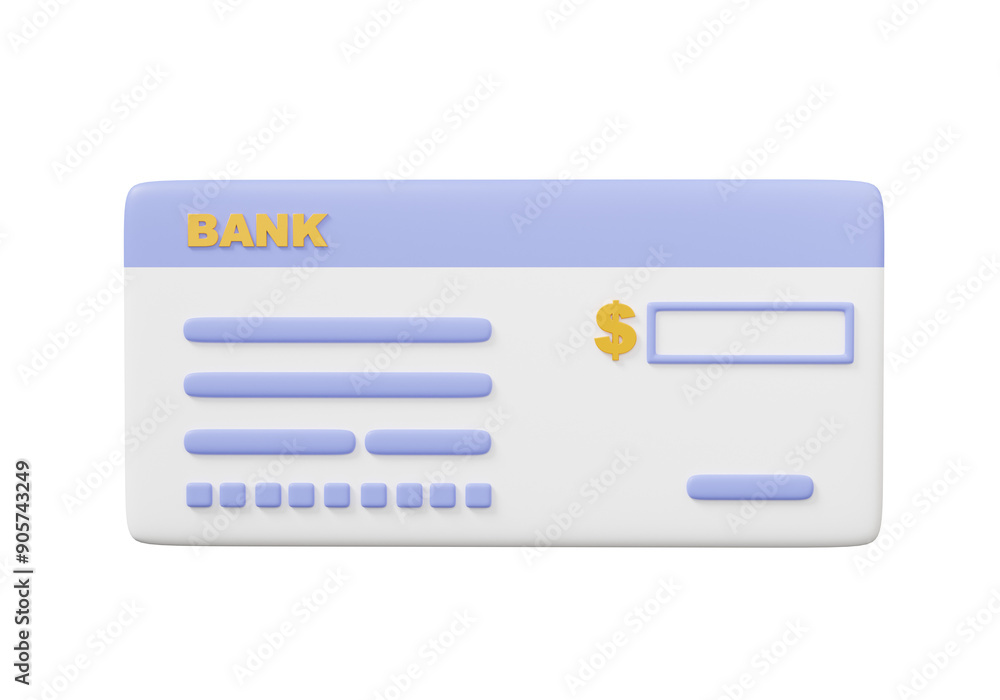 Cartoon minimal bank cheque icon symbol on isolated background. account money cash transfer bill check business financial banking transaction, 3D render illustration element Cartoon minimal bank cheque icon symbol on isolated background. account money cash transfer bill check business financial banking transaction, 3D render illustration element