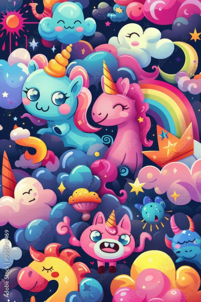 A group of cartoon unicorns surrounded by clouds and stars, perfect for children's illustrations, birthday parties or fantasy scenes A group of cartoon unicorns surrounded by clouds and stars, perfect for children's illustrations, birthday parties or fantasy scenes