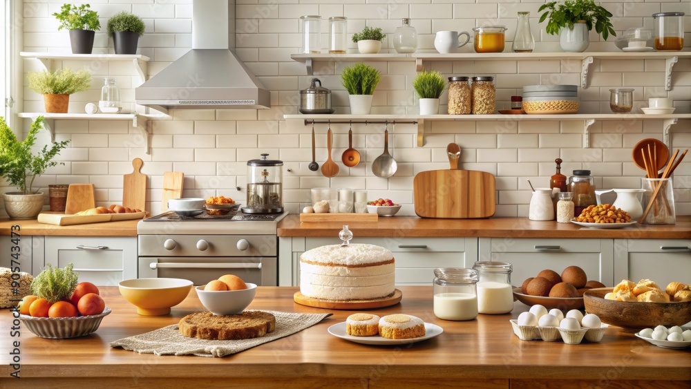 Kitchen Countertop with Cake, Eggs, and Milk, kitchen, baking, food, breakfast Kitchen Countertop with Cake, Eggs, and Milk, kitchen, baking, food, breakfast