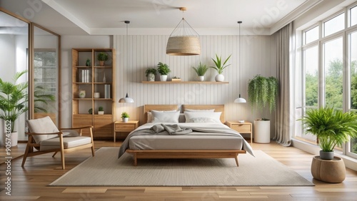 Wallpaper Mural Minimalist Bedroom Interior Design with Wooden Furniture and Greenery, Bedroom Interior, Minimalist Design, Home Decor, Interior Design Torontodigital.ca