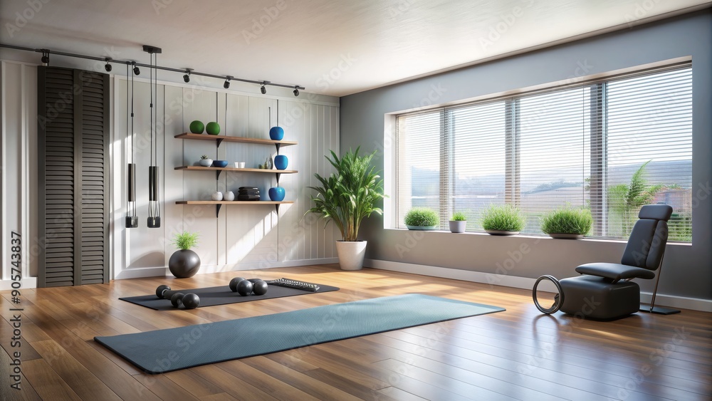 Fototapeta premium Modern Home Gym with Wooden Floor, Yoga Mat, and Window View, home gym, fitness room, exercise space, workout area