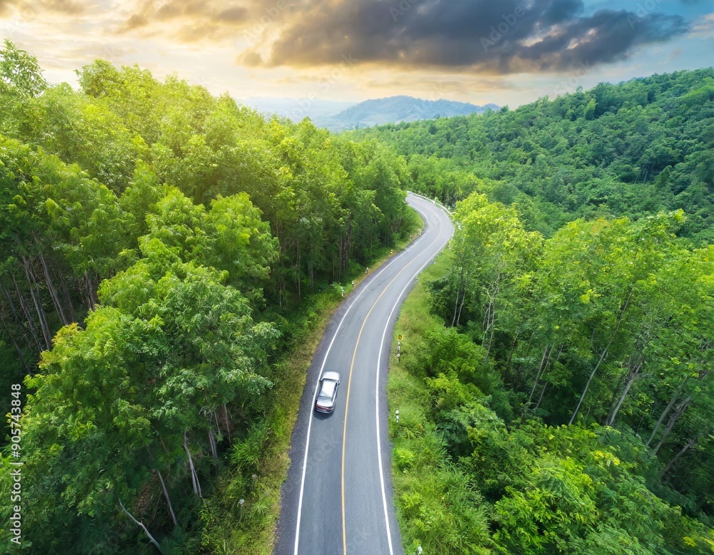 Aerial top view road in forest with car motion blur. Winding road through the forest. Car drive on the road between green forest. Ecosystem ecology healthy environment road trip. Aerial top view road in forest with car motion blur. Winding road through the forest. Car drive on the road between green forest. Ecosystem ecology healthy environment road trip.