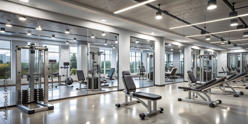 Modern Gym Interior with Weight Machines and Mirrors, Fitness, Exercise Equipment, Gym Design, Gym Interior, workout © Stock Spectrum