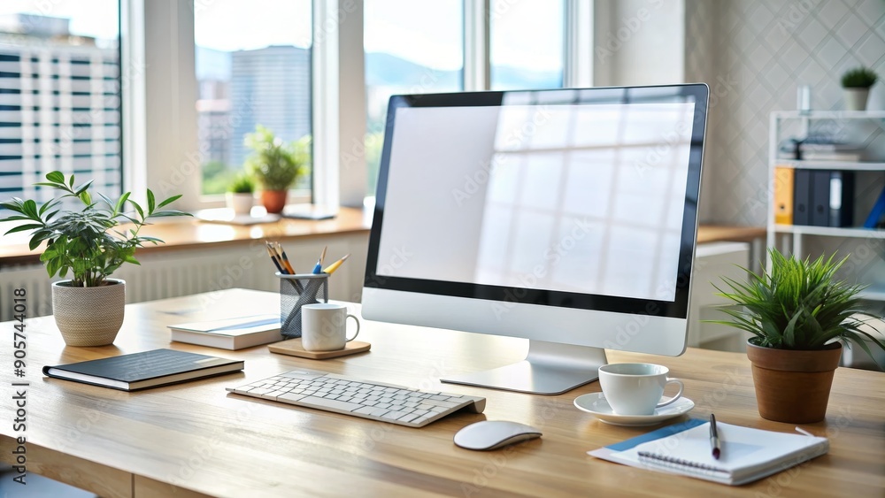 Modern Office Desk with Blank Computer Screen, Desktop Computer, Wooden Table, Office Supplies, Office Design, Office Decor, Workplace Modern Office Desk with Blank Computer Screen, Desktop Computer, Wooden Table, Office Supplies, Office Design, Office Decor, Workplace