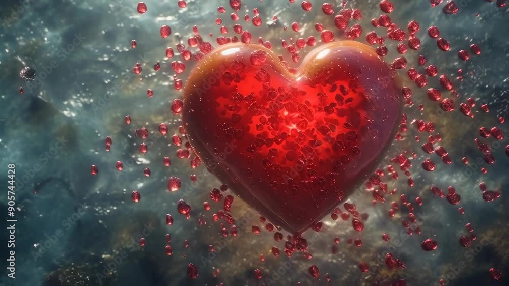 A vibrant red heart floats amidst scattered red petals in a serene body of water. The heart appears to be glowing, suggesting a romantic and dreamy mood. The image evokes feelings of love and passion. A vibrant red heart floats amidst scattered red petals in a serene body of water. The heart appears to be glowing, suggesting a romantic and dreamy mood. The image evokes feelings of love and passion.