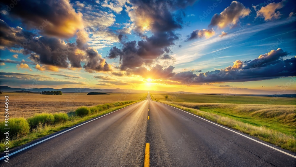 Naklejka premium Road to the Sunset with Dramatic Clouds, Landscape Photography, Road Trip, Golden Hour, Nature, Travel , roadtrip