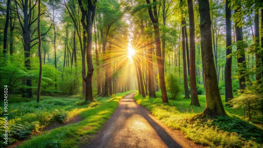 Sunbeams Through Forest Trees, Golden Hour, Green Trees, Path, Sunlight, Forest, Sun Rays Sunbeams Through Forest Trees, Golden Hour, Green Trees, Path, Sunlight, Forest, Sun Rays