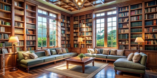 Sunlight Streaming Through the Windows of a Luxurious Library, Wood Floor, Bookshelves, Sofa, Interior Design, Library, Interior