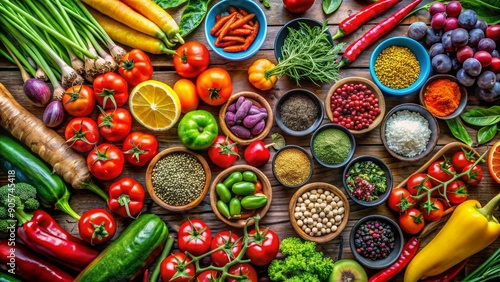 Vibrant Vegetable and Spice Still Life on Rustic Wooden Background, Tomatoes, Peppers, Herbs, Spices, Healthy Eating, Food Photography