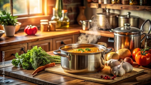 A Pot of Steaming Soup in a Rustic Kitchen, Stainless Steel Pot, Wooden Cutting Board, Vegetables, Soup, Kitchen, Rustic