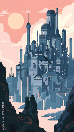 Majestic futuristic city towering skyward surrounded mystical cliffs. Sunset creates vibrant contrast, highlighting intricate architecture, grand towers. Fantasy kingdom cityscape, imaginative