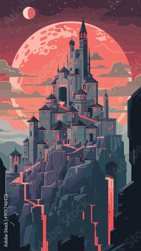 Enchanted castle towers rise against crimson moonlit sky, surrounded dramatic mountain cliffs. Stone pathways staircases wind through majestic fortress city perched rugged terrain. Stars clouds