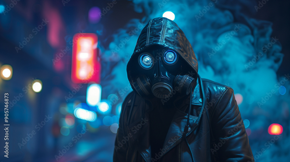 In the darkness of a cyberpunk metropolis, a fantastic hero hidden under a leather jacket and a gas mask becomes almost invisible. In the darkness of a cyberpunk metropolis, a fantastic hero hidden under a leather jacket and a gas mask becomes almost invisible.