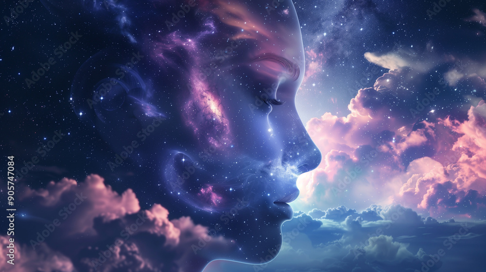 An abstract scene showing a human head immersed in outer space, with sky and stars in the background, illustrates the complexity and depth of the human mind. An abstract scene showing a human head immersed in outer space, with sky and stars in the background, illustrates the complexity and depth of the human mind.