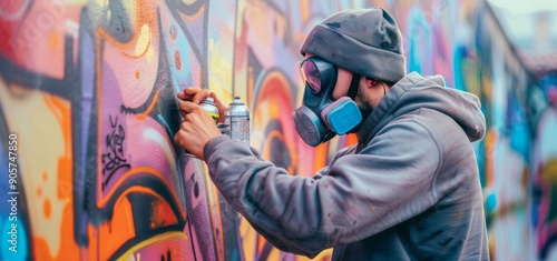 A graffiti artist paints on the wall for a competition - Urban, street art, millennial generation, mural concept - Focus on his hand.