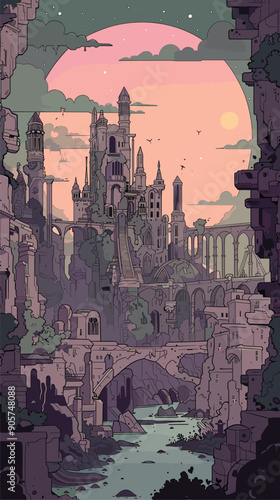 Fantasy ancient cityscape evening colors, architecture ruins landscape. Abandoned castle sunset, skyline towers illustration. Scenic medieval fortress crumbling walls