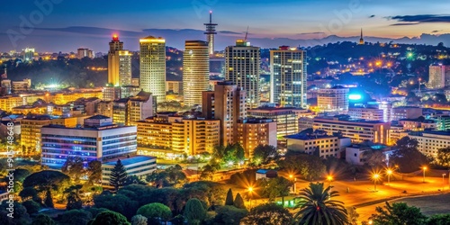 Aerial View of Illuminated Skyscrapers and Cityscape at Dusk, Harare, Zimbabwe, Africa, night cityscape, urban life, city lights